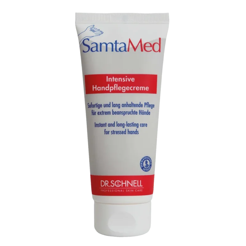 Die weiße Tube der Dr. Schnell SAMTAMED Hautpflege von DR.SCHNELL GmbH & Co. KGaA ist mit blauer und roter Schrift, einem Flip-Top-Verschluss, dem Dr.-Schnell-Logo am unteren Rand und der Hervorhebung der feuchtigkeitsspendenden Wirkung in deutscher und englischer Sprache versehen.