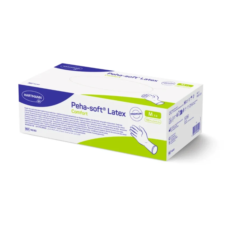 Eine rechteckige Schachtel Einweg-Untersuchungshandschuhe Peha-soft latex comfort der Paul Hartmann AG in der Größe M zeigt den Produktnamen, das Markenlogo, eine Handabbildung und Details in Blau und Grün auf weißem Hintergrund.