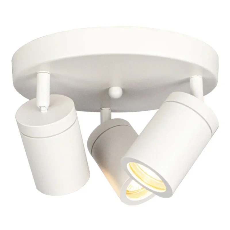 Weißer Deckenstrahler mit drei drehbaren zylindrischen Strahlern, moderne LED-Deckenlampe – Ansicht von unten.
