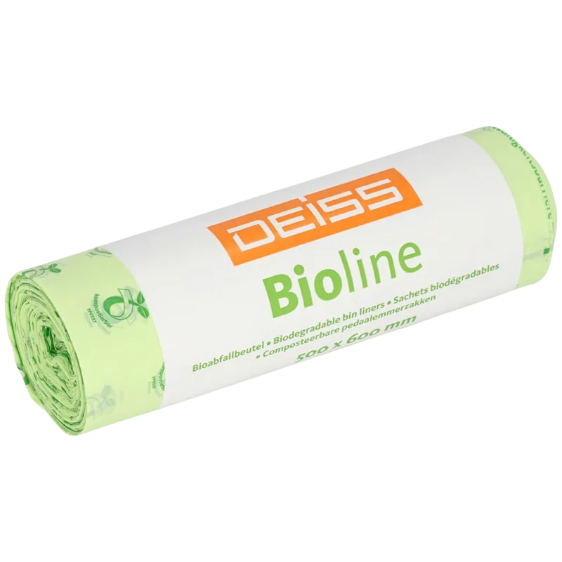 Eine Rolle EMIL DEISS KG DEISS BIOLINE Müllbeutel, Biofolie, 30L, naturfarben, 500x600x0,018 mm (20 Stück), hebt die kompostierbaren Eigenschaften für eine nachhaltige Abfallentsorgung hervor.