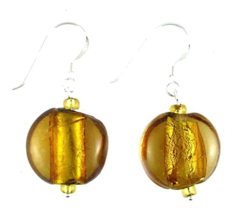 Glasohrringe, golden, rund, flach, 925er Sterlingsilber-Bügel, ca. 20 mm Ø, glänzend