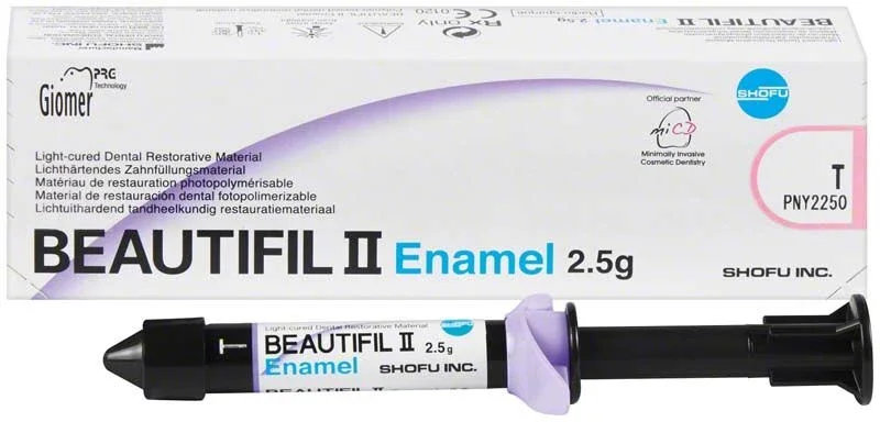 Beautifil II Enamel T Zahnfüllungsmaterial vor Verpackung auf weißem Hintergrund.