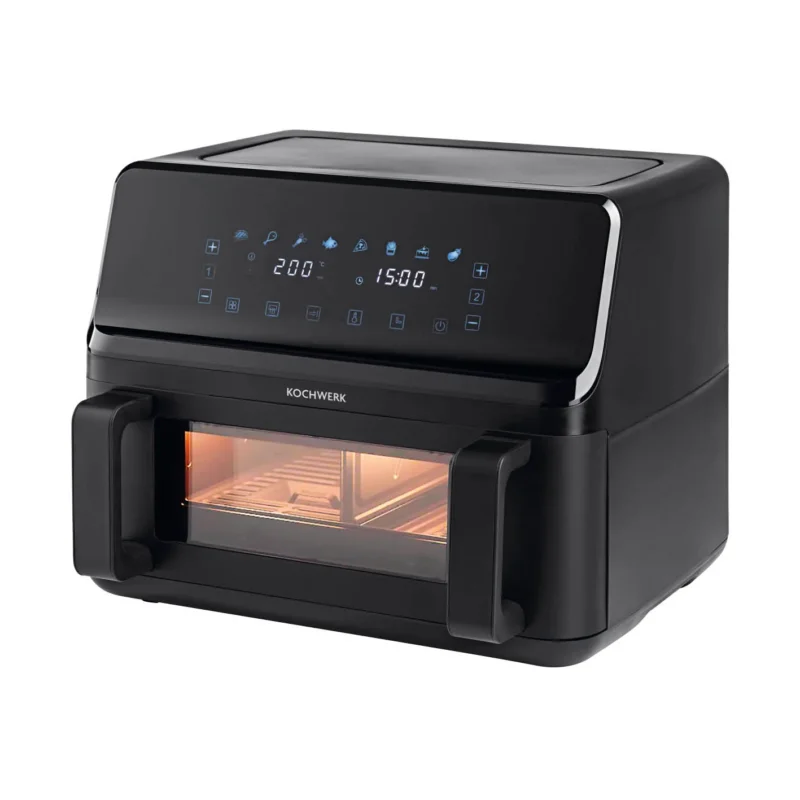 Heißluft-Fritteuse Vario-Doppelkammer 9l mit digitalem Display, Dual-Zone und 8 One-Touch-Programmen für vielseitiges Garen.