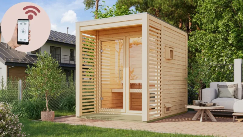 Karibu Gartensauna "Saunahaus Angkor 1" 4 Personen 9 kW Ofen (finnisch) + Steuergerät HUUM WIFI