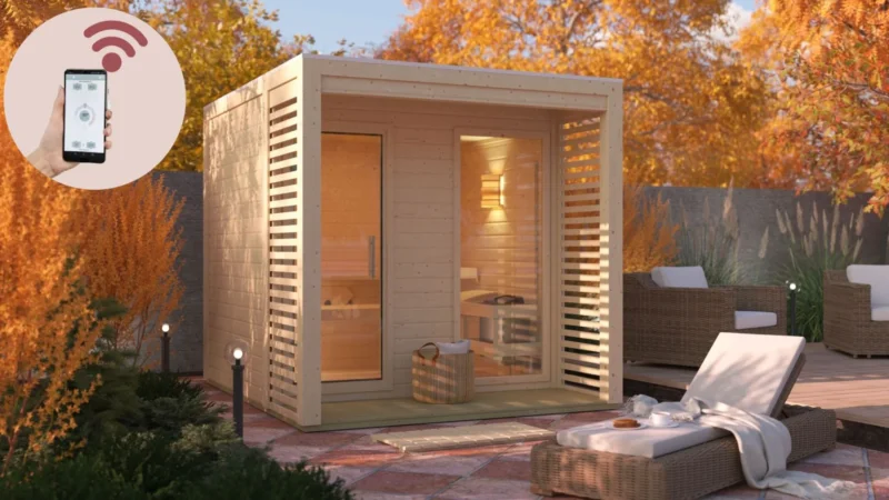 Karibu Gartensauna "Saunahaus Angkor 2" 5 Personen 9 kW Ofen (finnisch) + Steuergerät HUUM WIFI