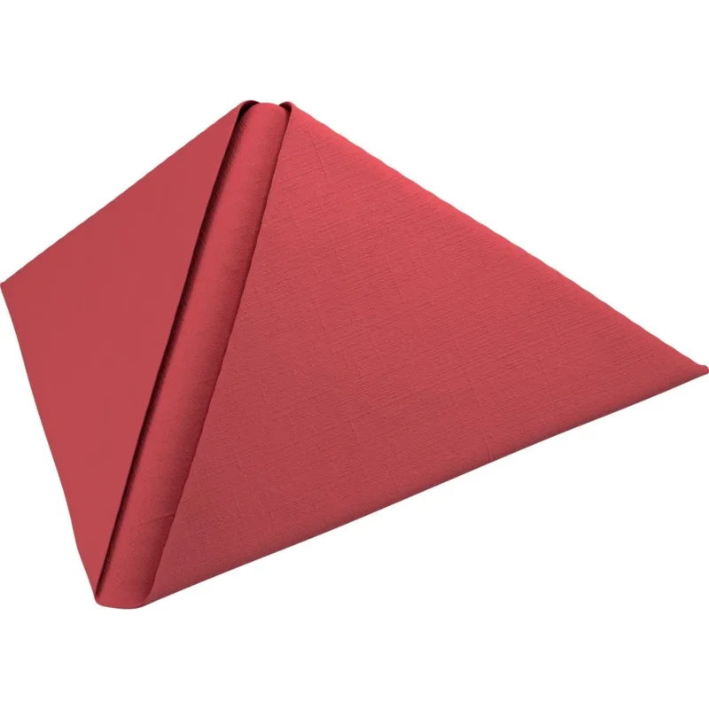 Ein Dunilin-Servietten 48 x 48 cm 1/4 Falz von Duni GmbH, in rot, pyramidenförmig gefaltet mit sichtbarem Strukturstoff und scharfen Kanten, auf weißem Hintergrund - die perfekten eleganten Einwegservietten für stilvolle Anlässe.