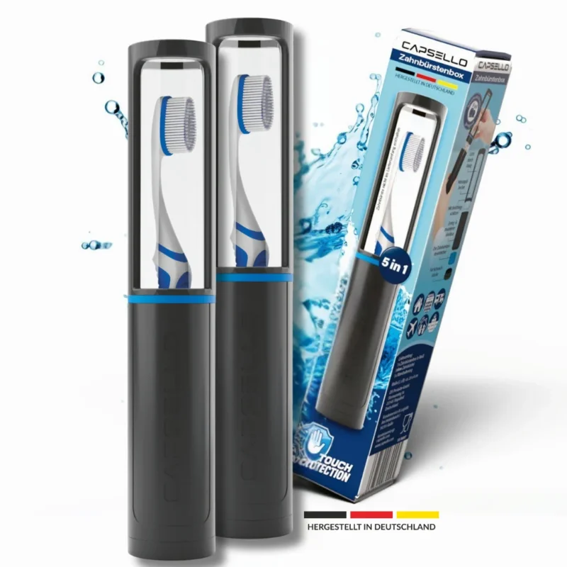 Zahnbürstenbox - schwarz - 2er-Set mit 5-in-1 Funktion als Reiseetui, Halter und Desinfektion, hygienisch und luftdurchlässig.