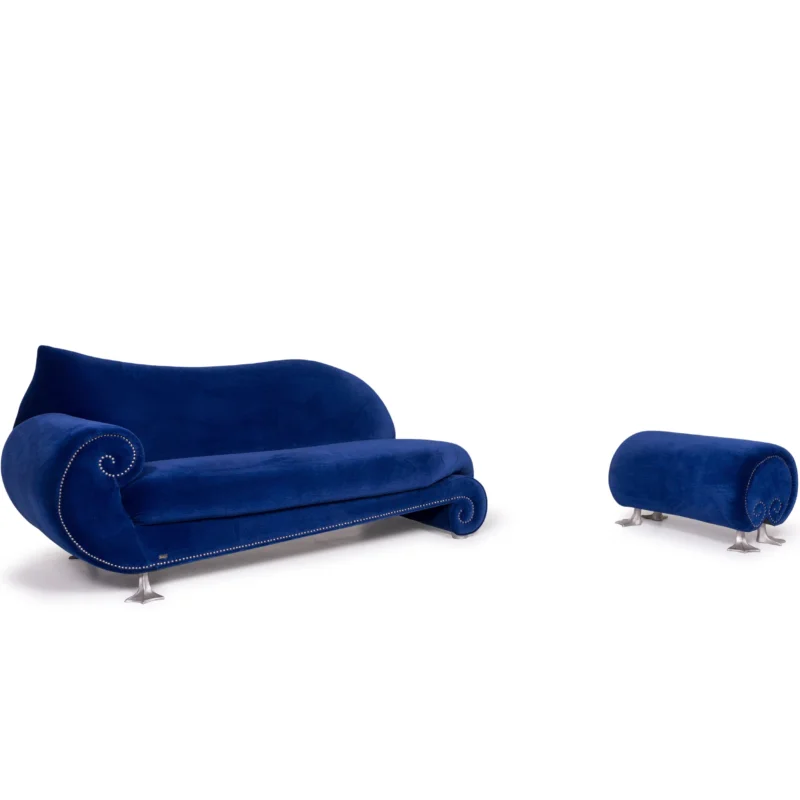 Bretz Gaudi Samt Sofa Garnitur Blau Zweisitzer Hocker #11929