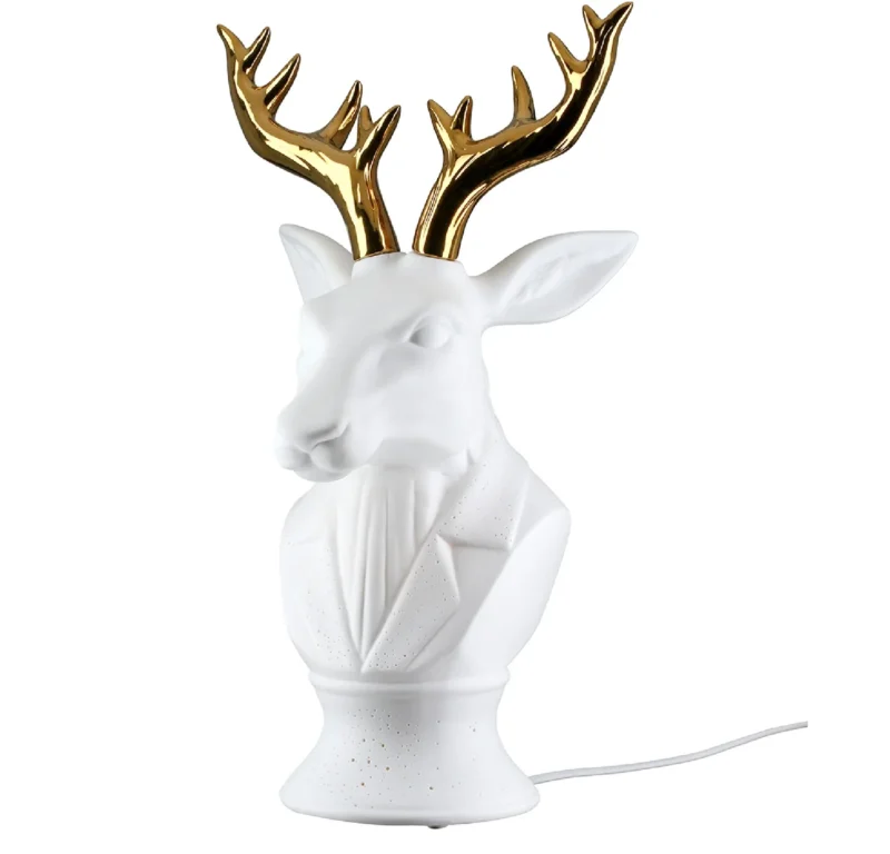 Tischleuchte Cervaro Hirsch Weiß Gold Porzellan 40.5 cm