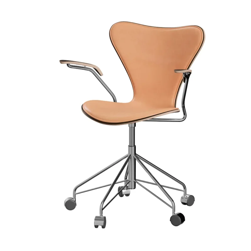 Fritz Hansen - 3217 Bürostuhl mit Armlehnen, Naturfurnier und Vorderseite gepolstert in Naturleder