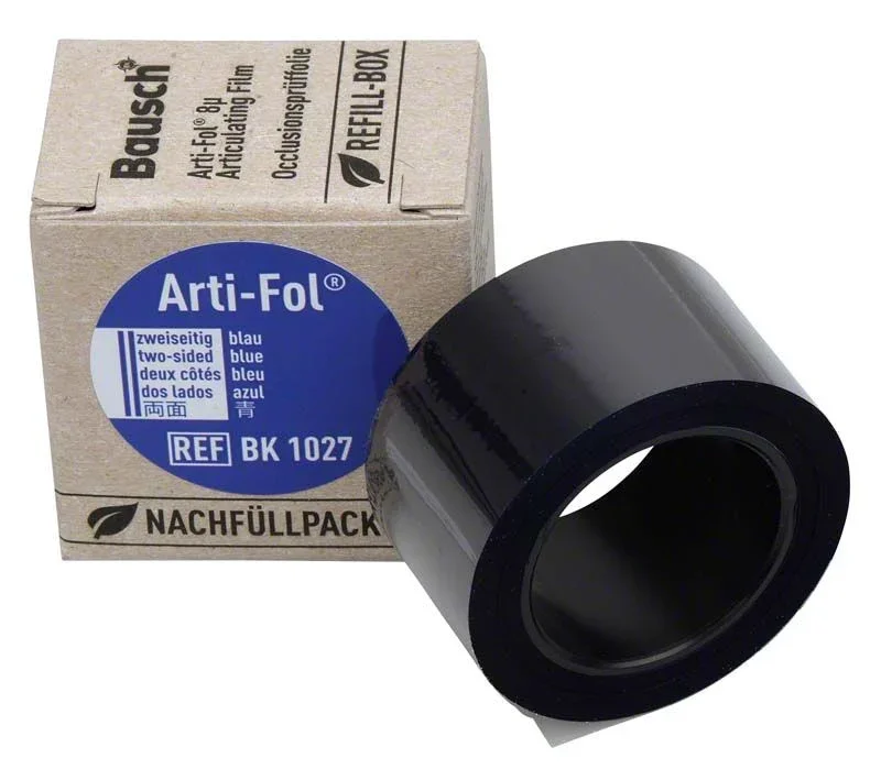Arti-Fol® Plastik 8µ Nachfüllbox mit blauer Artikulationsfolie.