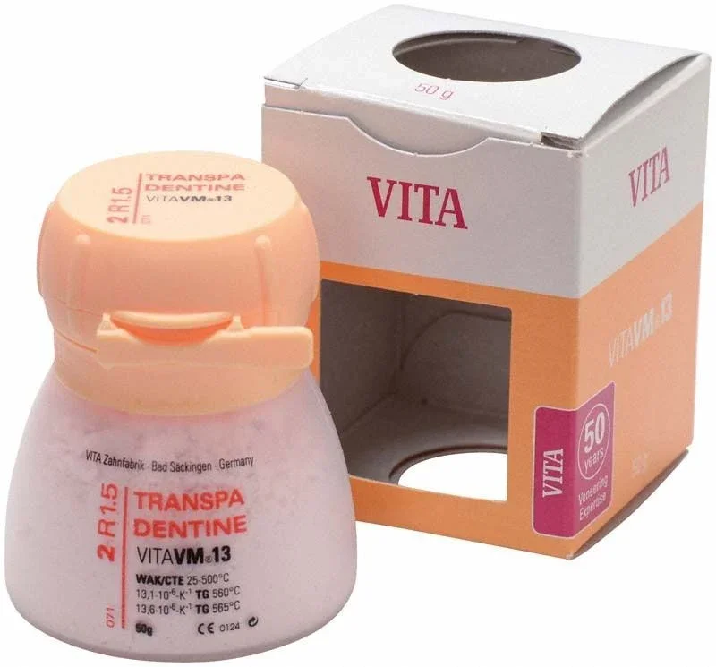 Transpa Dentin VM13 3D-Glasur 50g, Produktverpackung mit Etikett und Dose.