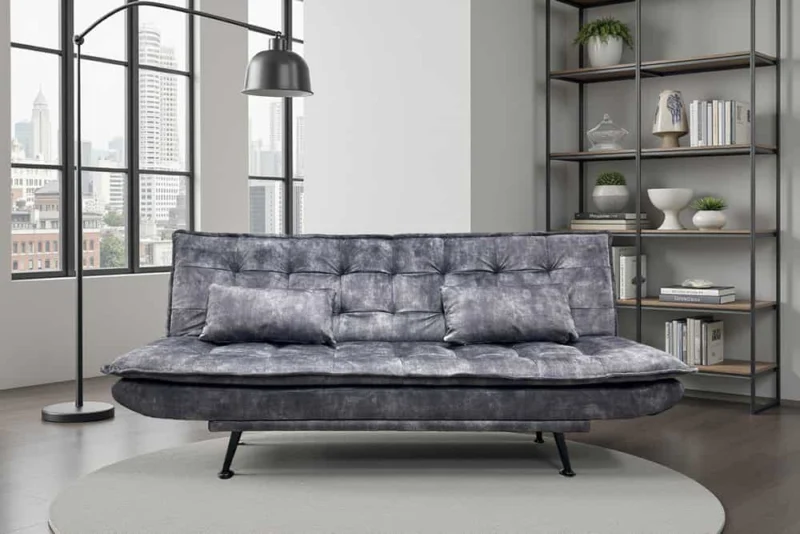 JAZZ Modernes Schlafsofa 195cm 3-Sitzer grauer Samtstoff mit Schlaffunktion Metallfüße schwarz