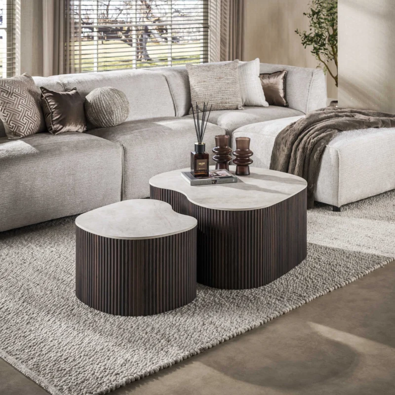 CERAMO medio Couchtisch 2er Set / 3D Keramik Taj Mahal/ Travertinoptik