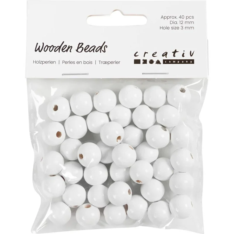 Wooden Beads, dia. 12 mm, hole size 3 mm, ca. 40 pc, white, 22 g