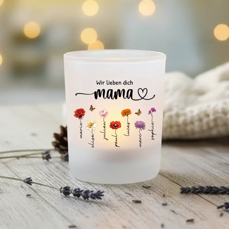 Personalisierter Teelichthalter mit Blumen und Kindernamen für Mama und Oma Mamas Garten