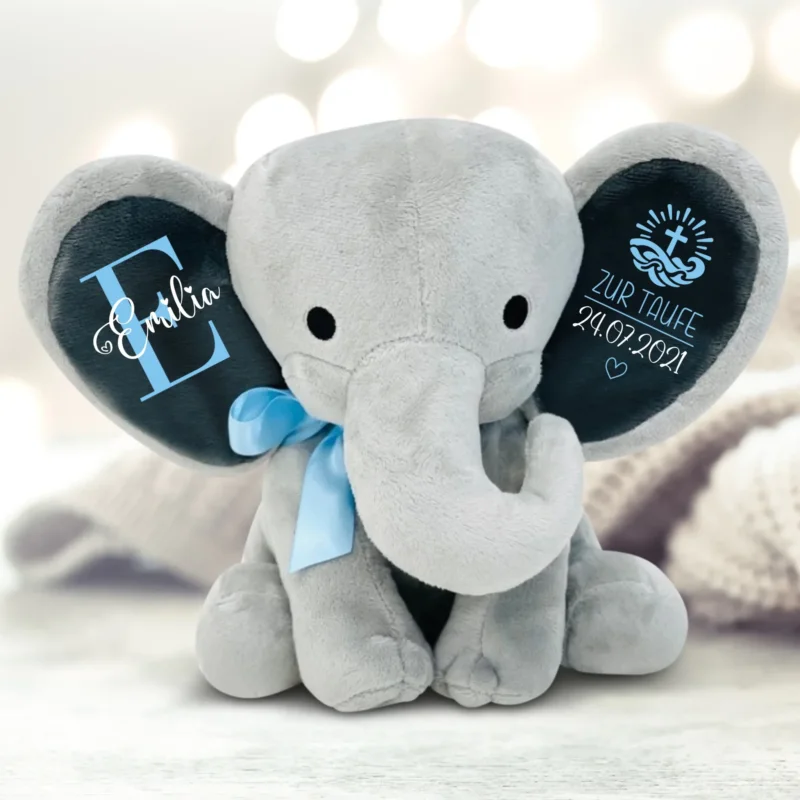 Personalisiertes Baby-Stofftier zur Taufe mit Namen und Taufdatum Kuschel Elefant zur Taufe