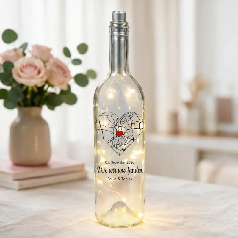 Personalisierte LED Weinflasche für Paare mit eurer persönlichen Karte Wo wir uns fanden