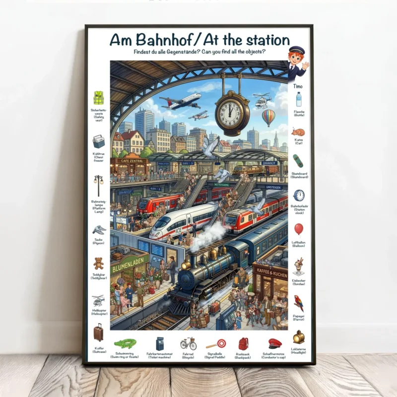Personalisiertes Wimmel-Poster mit Foto im Cartoon Stil für Kids Bahnhof
