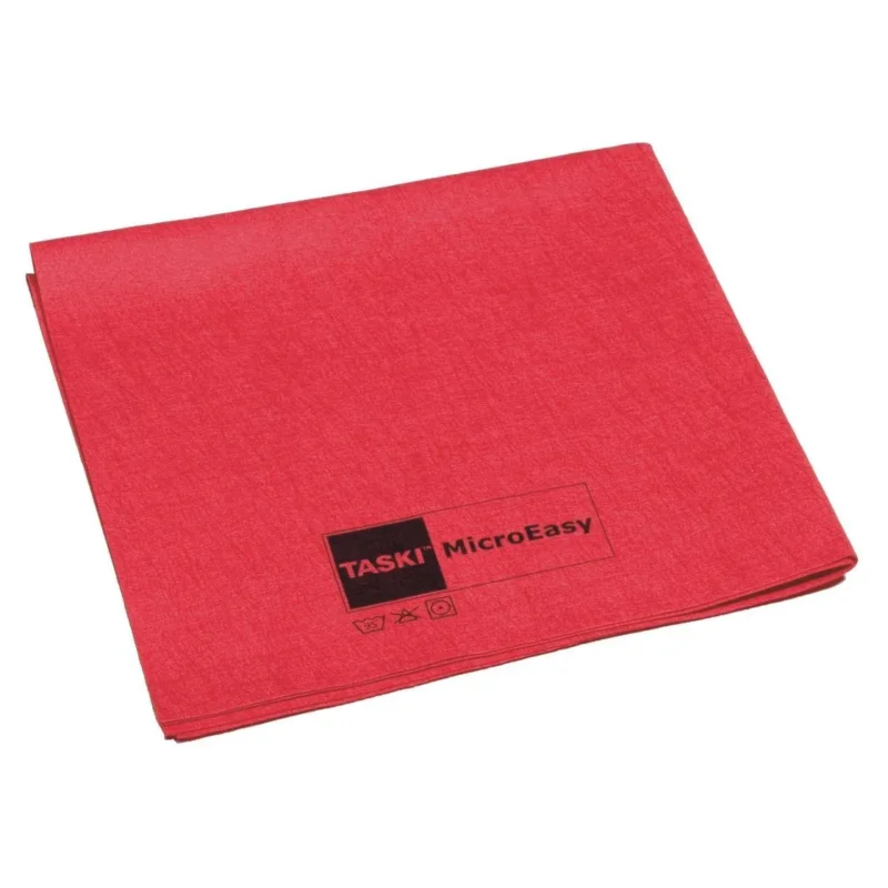 Ein sauber gefaltetes rotes TASKI MicroEasy Mikrofasertuch 38x37 cm von Diversey Deutschland GmbH & Co. OHG verfügt über ein Etikett mit schwarz aufgedruckten Pflegesymbolen an einer Ecke, das auf die fortschrittliche Mikrofasertechnologie hinweist.