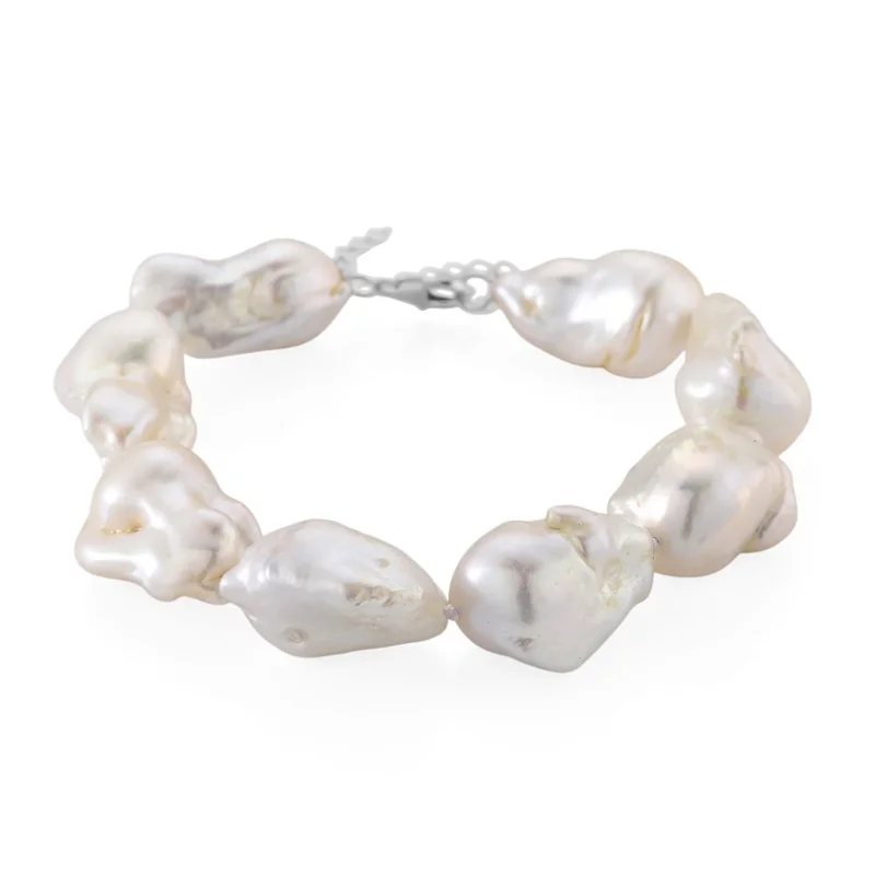 D'Joy Weiße Barockperle (13-16 mm) Armband ca. 19 cm + 5 cm Extender, 925 Silber rhodiniert