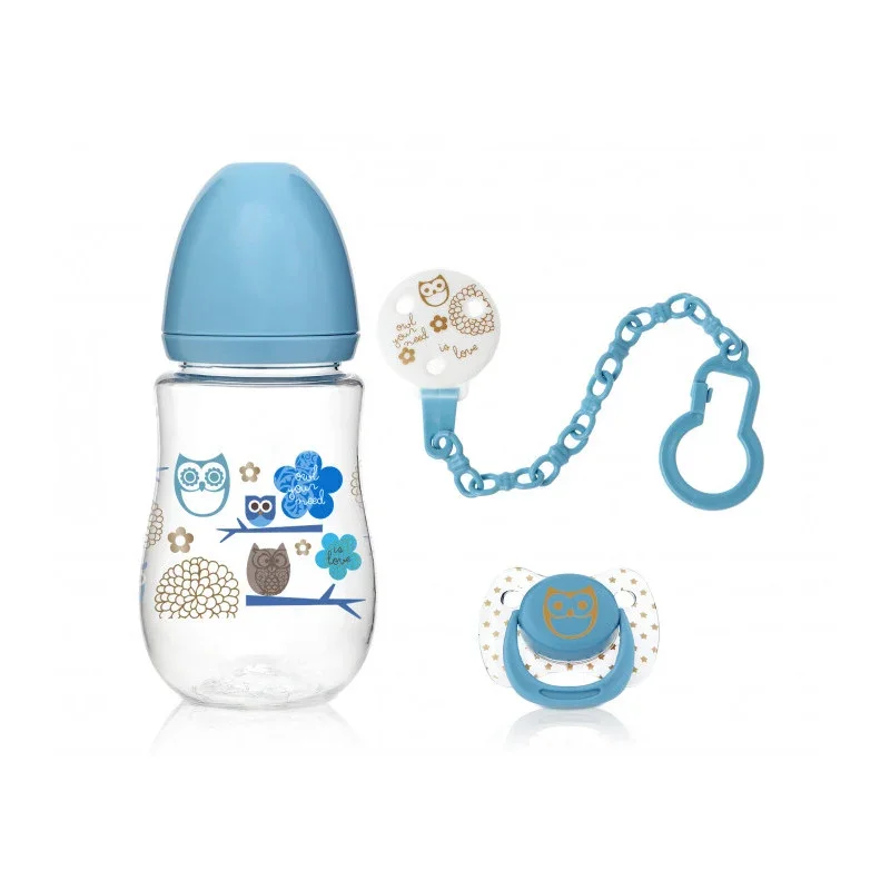 Set aus Babyflasche, Schnuller und Clip - Hellblau