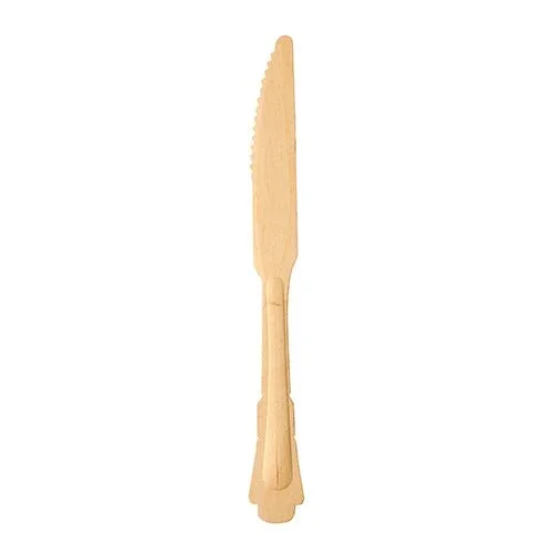 Ein einzelnes PAPSTAR Messer aus Holz "pure", 20,5 cm im Vintage-Design von PAPSTAR GmbH wird vertikal mit dem Griff unten und der gezackten Klinge nach oben vor weißem Hintergrund gezeigt.