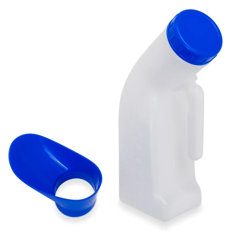 Die ARNOMED Urinflasche Classic Unisex von ARNOWA GmbH, mit blauem Schraubverschluss und separatem weiblichen Adapter, bietet hygienischen Komfort. Beide Teile sind auf weißem Hintergrund abgebildet.