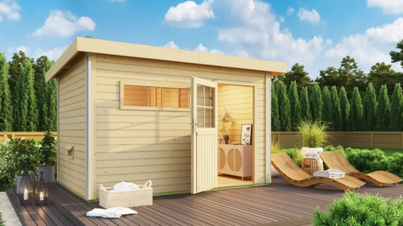 Karibu Gartensauna "Saunahaus Skrollan 3 mit Vorraum" 5 Personen Natur ohne Ofen