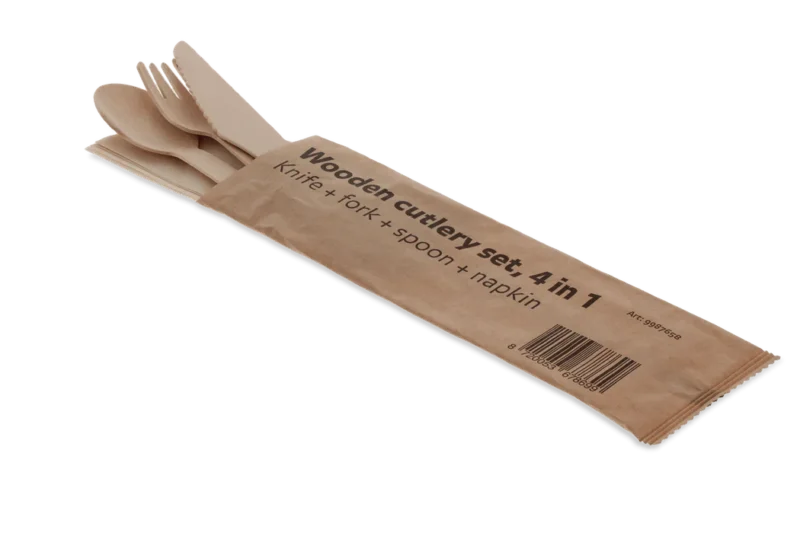 takeaware.nl Bestek Houten bestekset 4/1 mes + vork + lepel + servet (FSC)