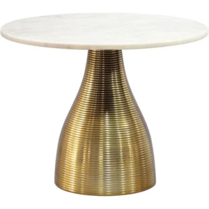 Runder Couchtisch Marmor Weiß mit Aluminium-Gestell Gold in Gesamtansicht von vorne.