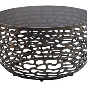 Runder Couchtisch 60 cm Schwarz mit durchbrochener Gitteroptik-Basis aus Aluminium und schwarzer Glasplatte in Gesamtansicht.