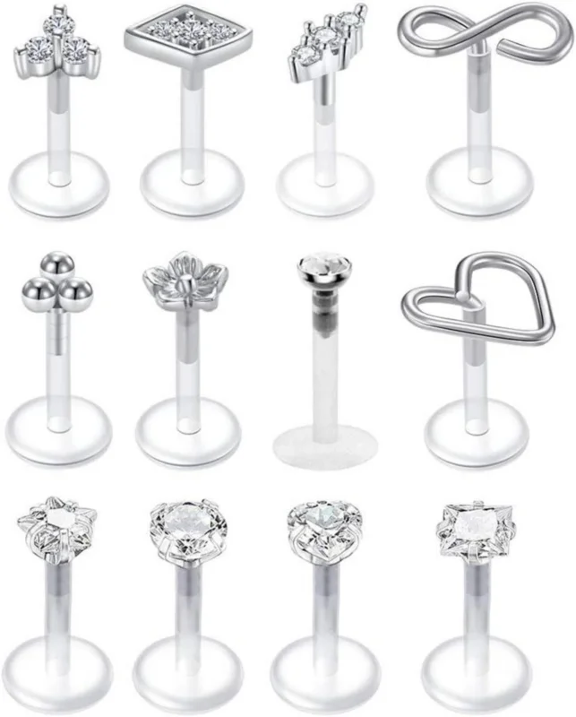 Klare Lippenpiercing 16G Flexibles Acryl mit CZ Opal - 8