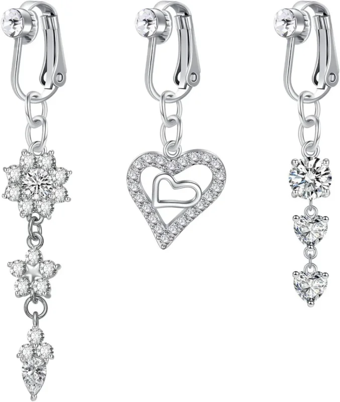 3er Set Fake Bauchnabelpiercing Silber Chirurgenstahl Clip CZ Herz