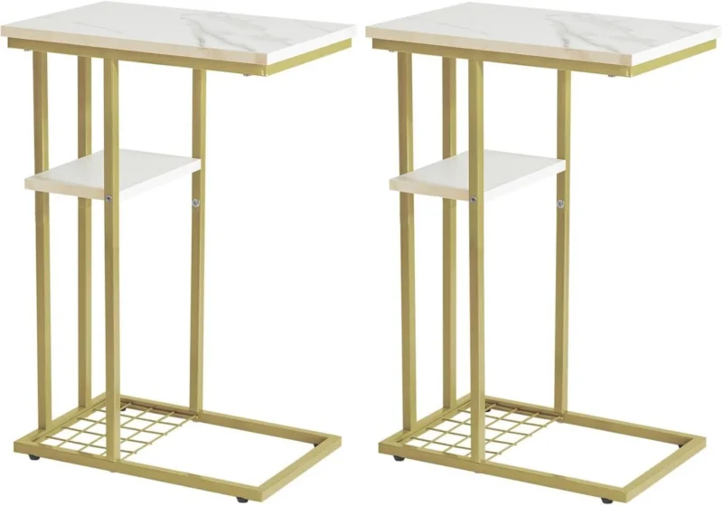 Beistelltisch Industrie-Design 2er-Set Marmormuster Weiß Gold