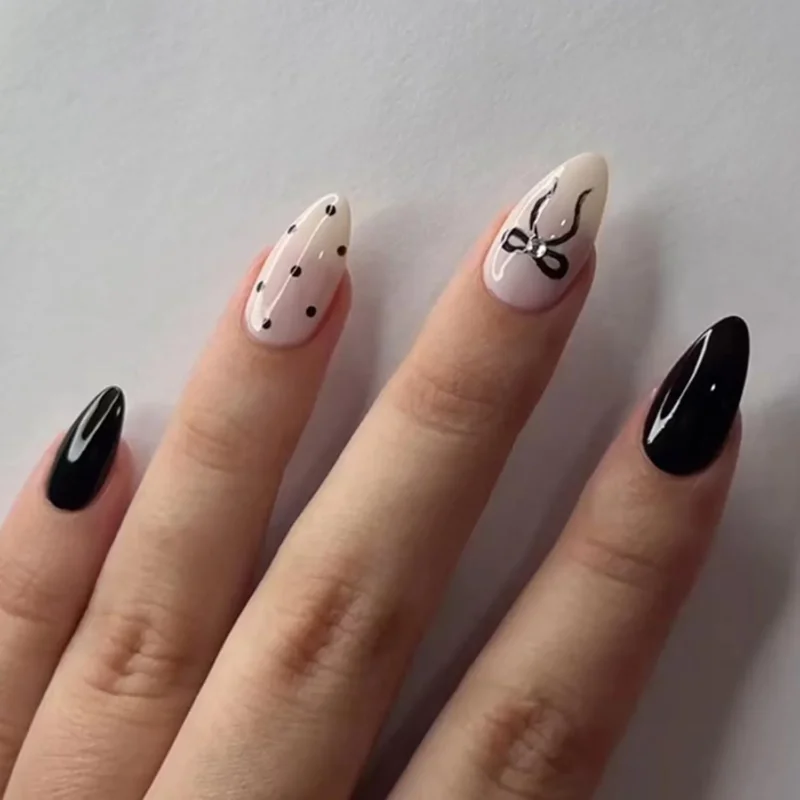 24 French Tip Press on Nägel Schwarz Weiß für Frauen und Mädchen