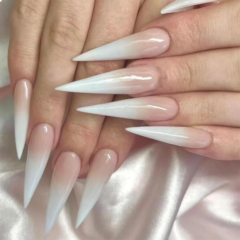 Stiletto Press on Nails Französische Spitze Akrylnägel Pink Bis