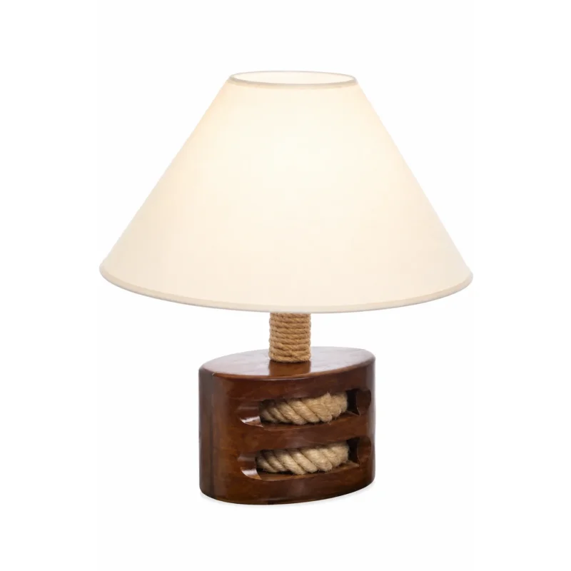Flaschenzug Lampe 37 cm – maritime Tischlampe aus Holz mit Hanfseil