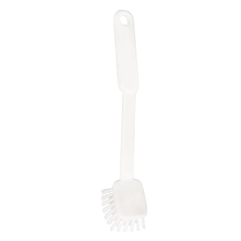 Die Haug Bürsten KG SPÜLBÜRSTE ECKIG verfügt über einen weißen, rechteckigen Bürstenkopf aus Nylon 6.6 (ø 0,40 mm, mittel), ein robustes Kunststoffdesign und einen langen Stiel mit Aufhängeloch (240 x 40 x 22 mm).