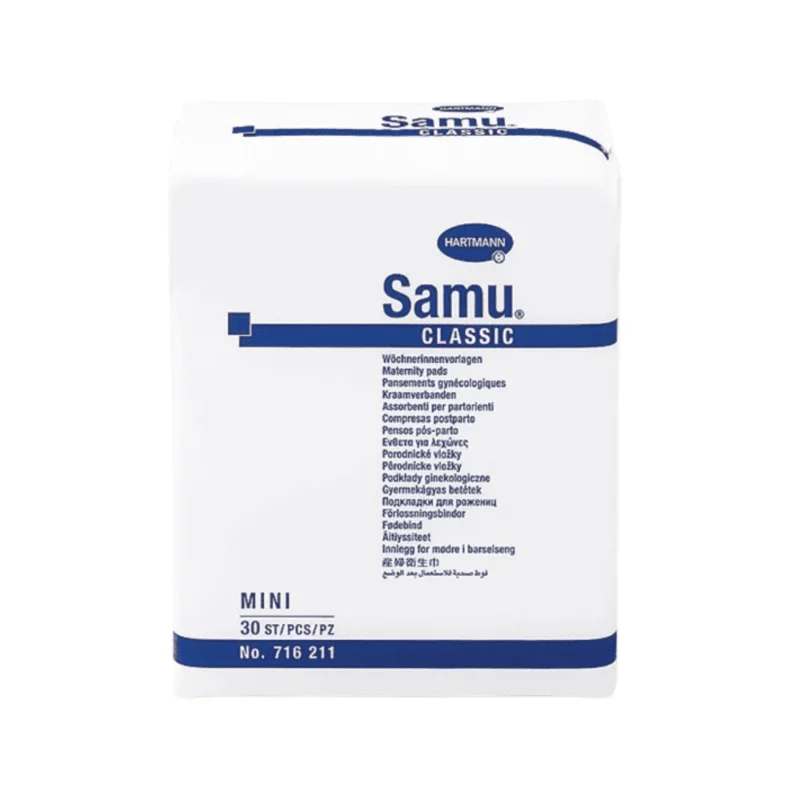 Eine weiße Packung mit der Aufschrift „Hartmann Samu® Classic Mini Wöchnerinnen Vorlage“ der Paul Hartmann AG enthält 20 sterile Tücher. Die Verpackung enthält Produktdetails in verschiedenen Sprachen und trägt den Markennamen „Hartmann“.