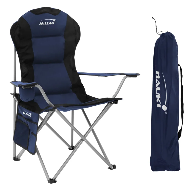 Faltstuhl in Blau und Schwarz mit Tragetasche.