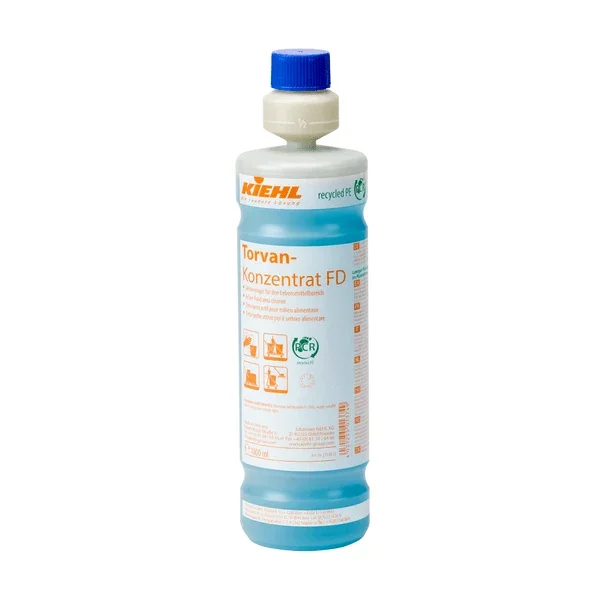 Eine 1L-Kunststoffflasche Johannes Kiehl KG Kiehl Torvan-Konzentrat FD Aktivreiniger für den Lebensmittelbereich mit blauem Verschluss, orangefarbenem Etikett mit Hinweisen und Symbolen. Perfektes Reinigungskonzentrat für die Lebensmittelindustrie.