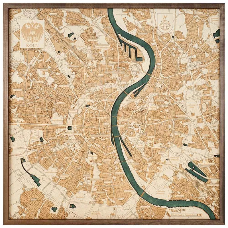 Karte von Köln, Deutschland, im Vintage-Stil, mit detaillierten Straßen und dem Rhein, der vertikal durch das Zentrum verläuft.
