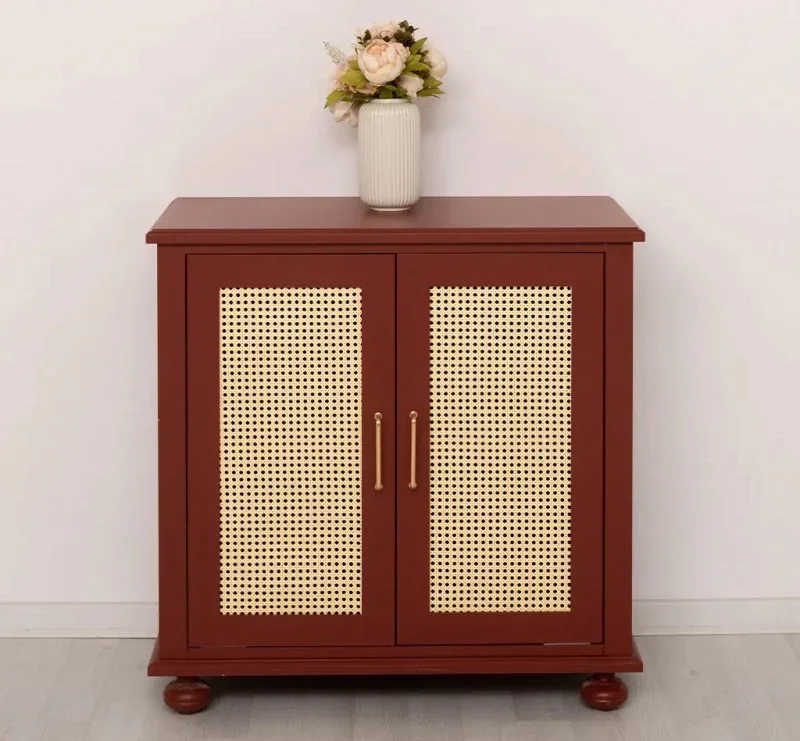 Kleine Kommode aus Massivholz | Rattan Schrank mit zwei Türen