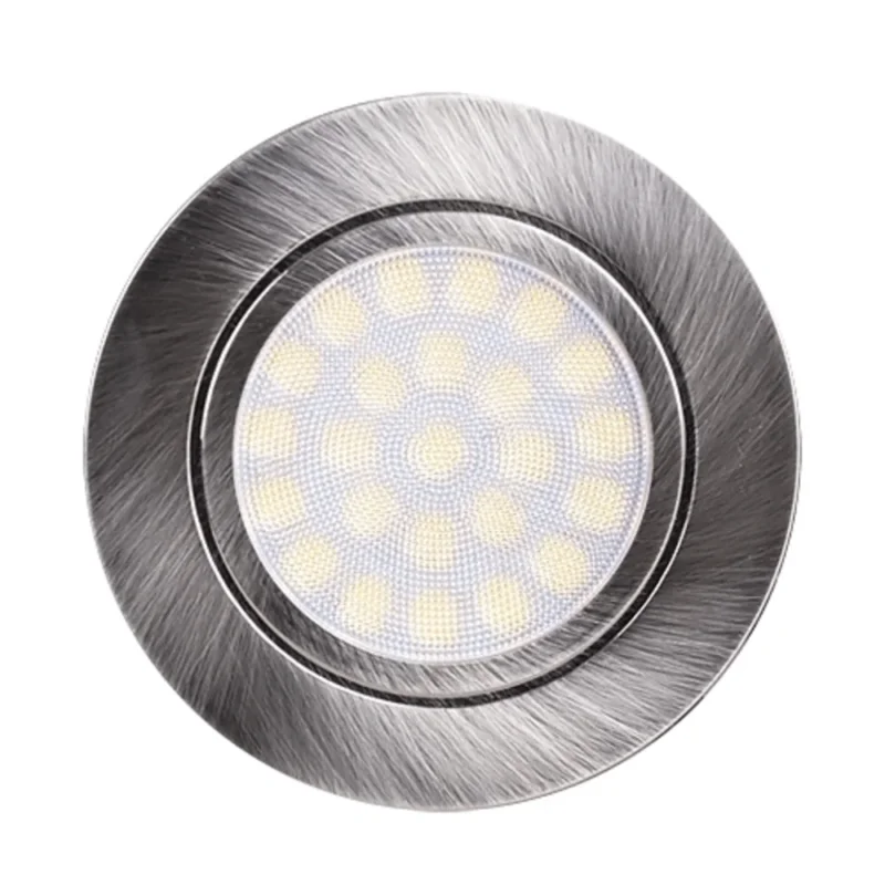 LED Einbaustrahler Edelstahl rund 12V mit warmweißer Lichtfarbe, Frontansicht in gebürsteter Metalloptik und mehreren LED-Lampen.