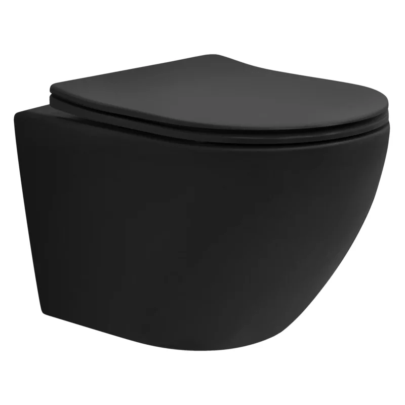 Schwarzes Wand-WC auf einem grauen Fliesenboden.