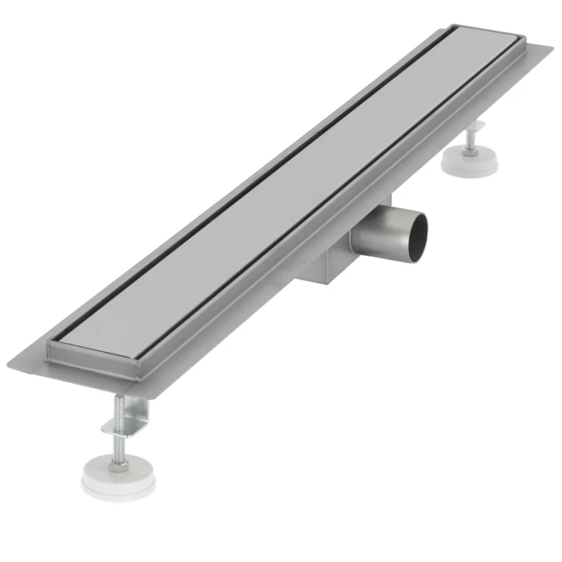 Duschrinne aus Edelstahl mit zwei Halterungen und einem Abflussrohr.