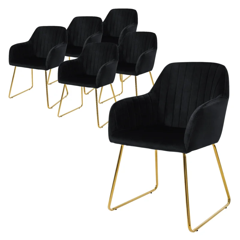 Sechs schwarze Stühle mit goldenen Beinen in einer Reihe.
