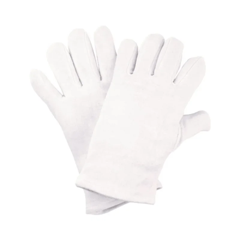Eine Packung mit 12 Paar NITRAS Baumwoll-Trikot-Handschuhen, weiß von AS Arbeitsschutz GmbH, aus OEKO-TEX-Baumwolle, flach übereinandergelegt auf weißem Grund.