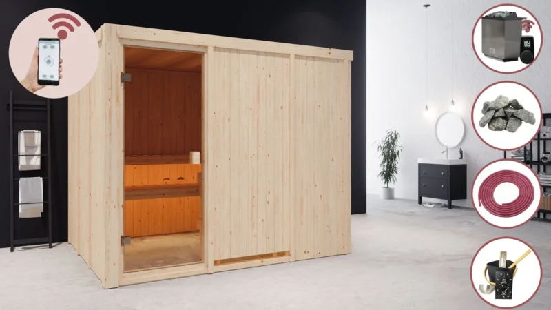 Karibu Innensauna "Sauna Hannah 5" 5 Personen 9 kW Bio-Kombi Ofen + Steuergerät HUUM WIFI